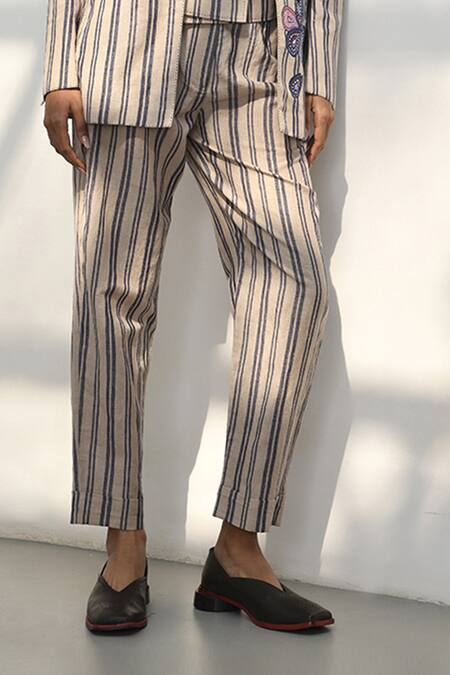 Buy_Payal Pratap_Beige Handloom Linen Stripe Chorio Pant _Online_at_Aza_Fashions