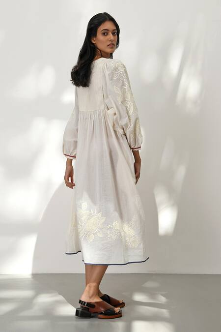 Shop_Payal Pratap_Ivory Handloom Cotton Placement Embroidery Rose Vine Round Neck Pistoia Dress _at_Aza_Fashions