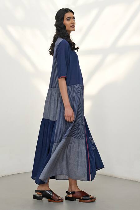 Payal Pratap_Blue Handloom Cotton Placement Stripe Aglia Front Open Tiered Patchwork Dress _Online_at_Aza_Fashions