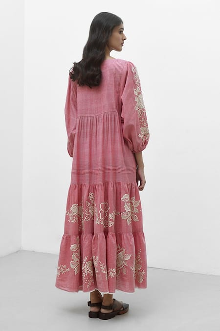 Shop_Payal Pratap_Pink Chambray Cotton Placement Embroidery Rose Notched Neck Agios Dress _at_Aza_Fashions