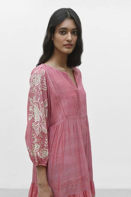 Payal Pratap_Pink Chambray Cotton Placement Embroidery Rose Notched Neck Agios Dress _Online_at_Aza_Fashions