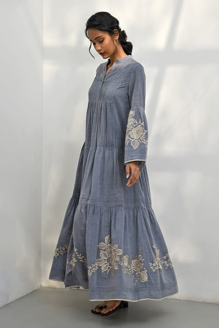 Payal Pratap_Blue Cotton Embroidery Collared Papigo Dress _Online_at_Aza_Fashions