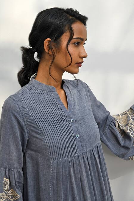 Buy_Payal Pratap_Blue Cotton Embroidery Collared Papigo Dress _Online_at_Aza_Fashions