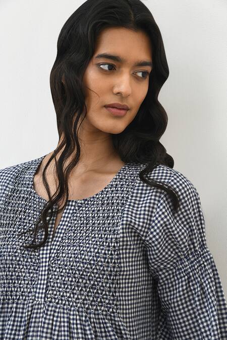 Buy_Payal Pratap_Blue Handloom Cotton Embroidery Floral Notched Round Demian Smocked Dress _Online_at_Aza_Fashions