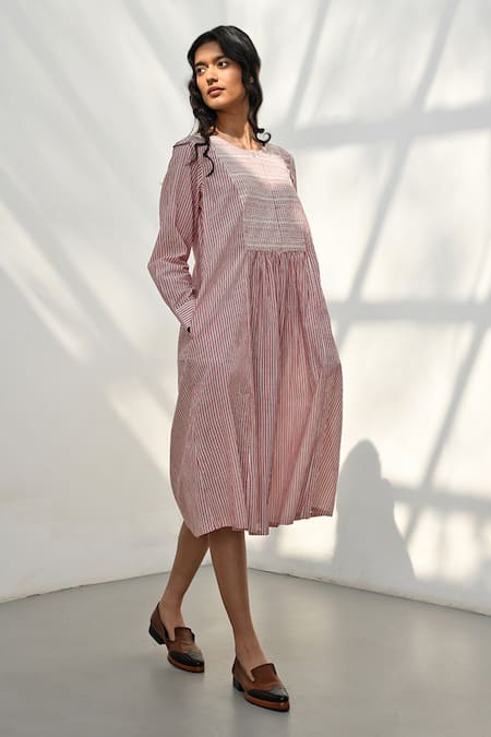 Payal Pratap Pink Handloom Cotton Stripe Round Neck Pelion Pattern Dress 