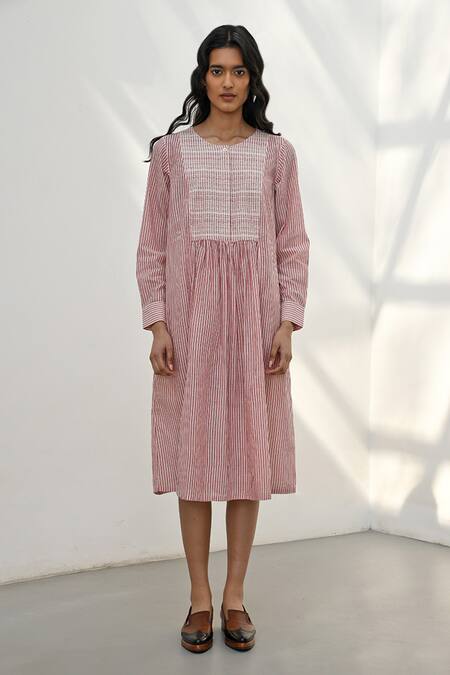 Payal Pratap_Pink Handloom Cotton Stripe Round Neck Pelion Pattern Dress _Online_at_Aza_Fashions