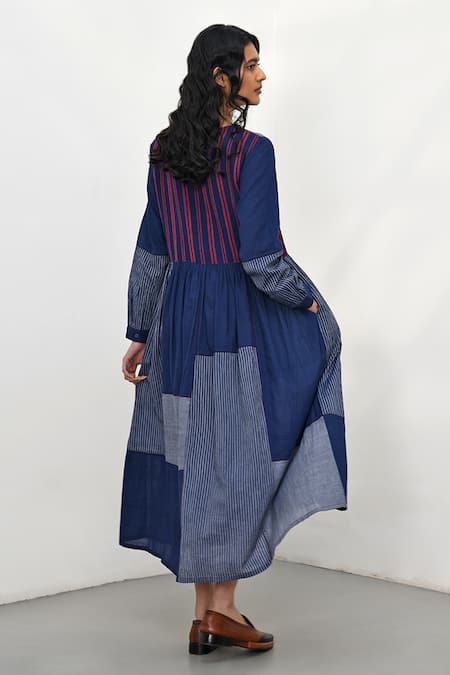 Shop_Payal Pratap_Blue Handloom Cotton Placement Stripe Round Neck Bario Patchwork Dress _at_Aza_Fashions