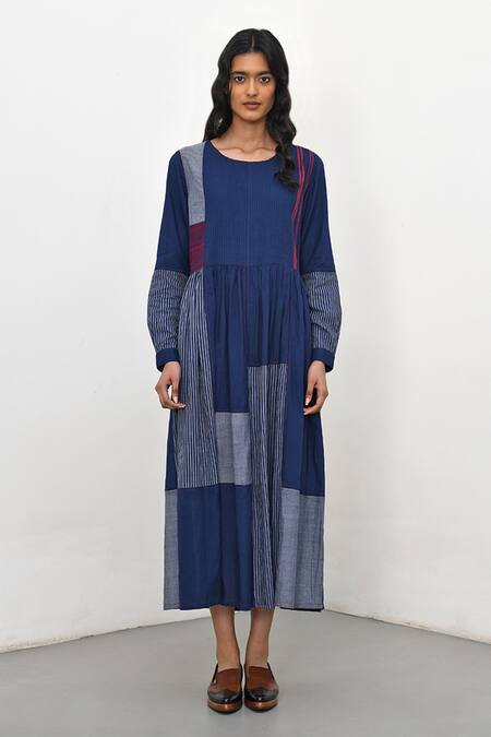 Payal Pratap_Blue Handloom Cotton Placement Stripe Round Neck Bario Patchwork Dress _Online_at_Aza_Fashions