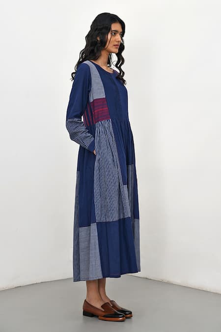 Buy_Payal Pratap_Blue Handloom Cotton Placement Stripe Round Neck Bario Patchwork Dress _Online_at_Aza_Fashions