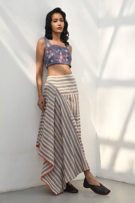 Shop_Payal Pratap_Beige Handloom Linen Stripe Elia Skirt _Online_at_Aza_Fashions