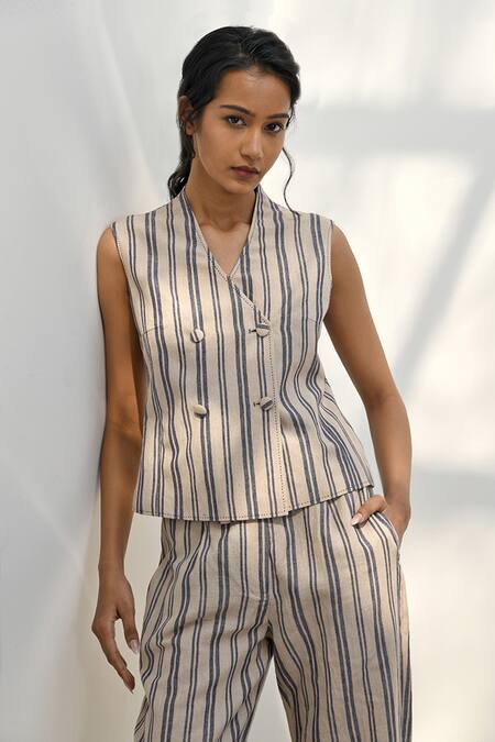 Buy_Payal Pratap_Beige Handloom Linen Stripe V Neck Elatos Waistcoat _Online_at_Aza_Fashions