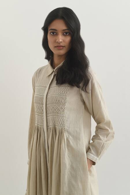 Payal Pratap_Beige Handloom Cotton Plain Collared Neck Brescia Smocked Tunic _Online_at_Aza_Fashions