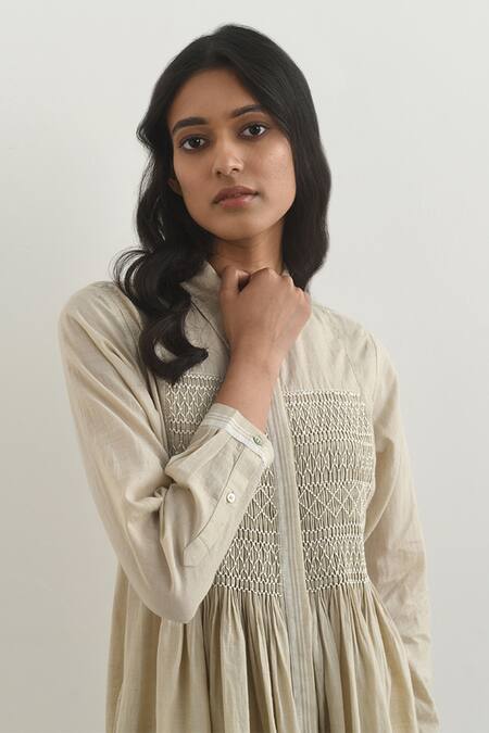 Buy_Payal Pratap_Beige Handloom Cotton Plain Collared Neck Brescia Smocked Tunic _Online_at_Aza_Fashions