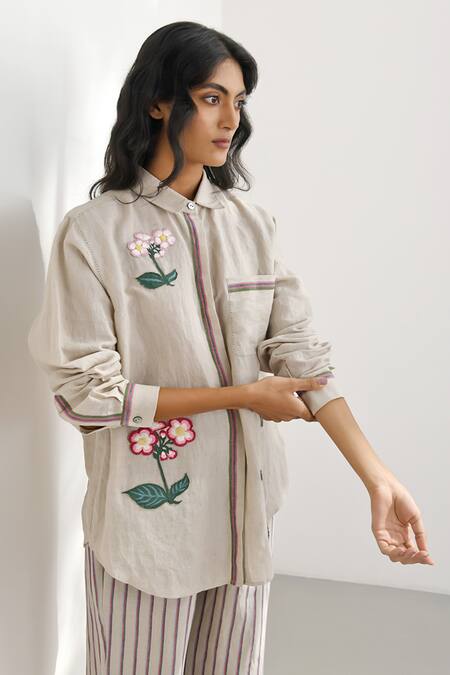 Buy_Payal Pratap_Beige Handloom Cotton Embroidery Collared Cosenza Shirt _Online_at_Aza_Fashions