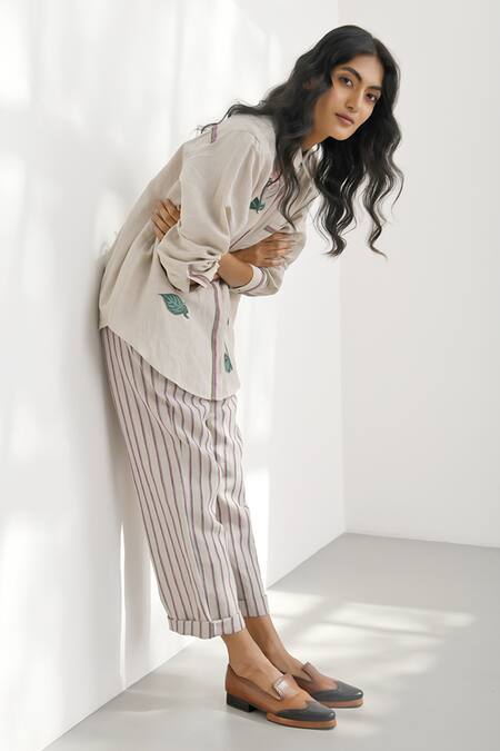 Shop_Payal Pratap_Beige Handloom Cotton Embroidery Collared Cosenza Shirt _Online_at_Aza_Fashions