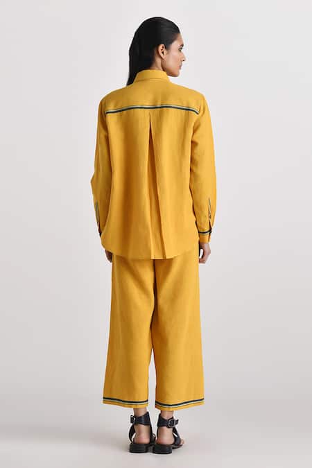 Shop_Payal Pratap_Yellow Handloom Linen Embroidered Applique Collar Cosenza Floral Shirt _at_Aza_Fashions