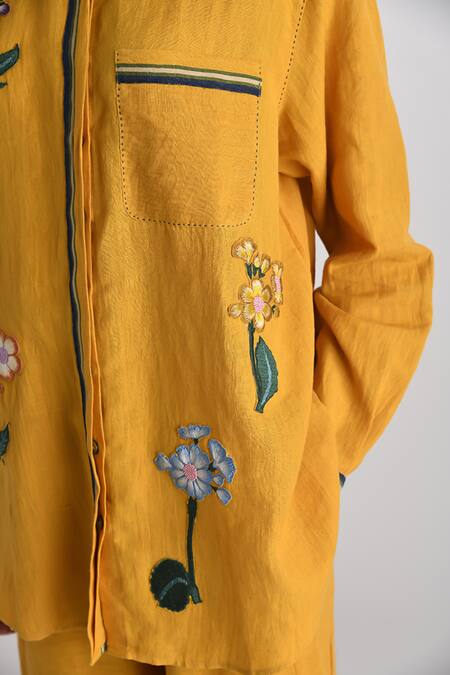 Shop_Payal Pratap_Yellow Handloom Linen Embroidered Applique Collar Cosenza Floral Shirt _Online_at_Aza_Fashions