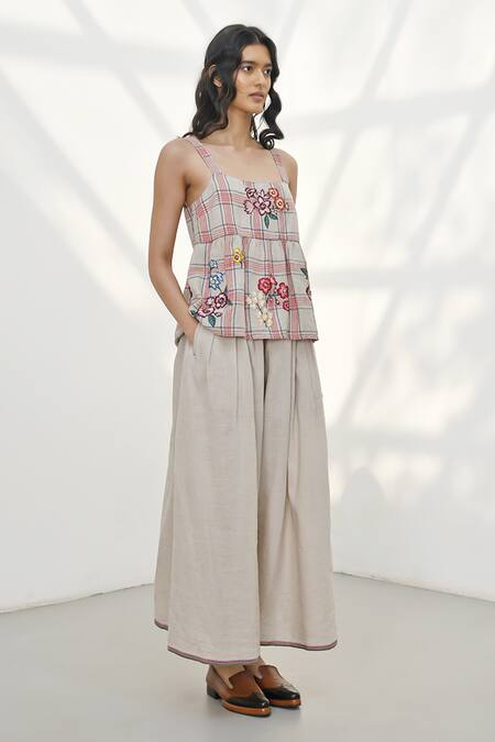 Payal Pratap_Beige Handloom Linen Embroidered Thread Square Corato Top _Online_at_Aza_Fashions