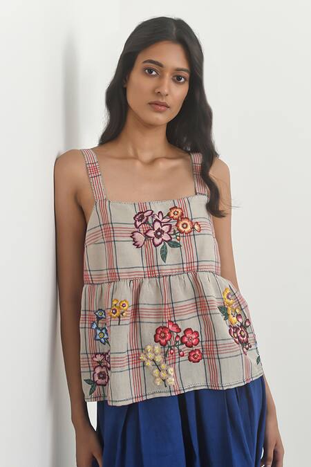 Shop_Payal Pratap_Beige Handloom Linen Embroidered Thread Square Corato Top _Online_at_Aza_Fashions