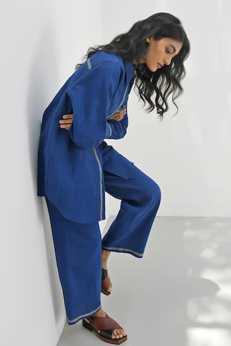 Payal Pratap_Blue Handloom Cotton Collared Carloforte Shirt _Online_at_Aza_Fashions