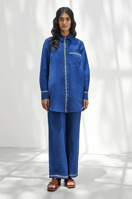 Shop_Payal Pratap_Blue Handloom Cotton Collared Carloforte Shirt _Online_at_Aza_Fashions