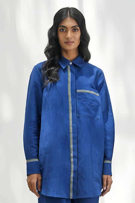 Payal Pratap_Blue Handloom Cotton Collared Carloforte Shirt _at_Aza_Fashions