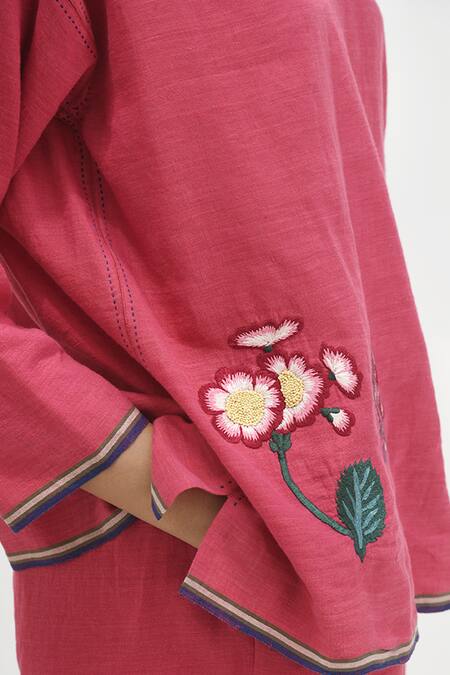 Shop_Payal Pratap_Red Handloom Linen Embroidered Applique Round Ragusa Top _Online_at_Aza_Fashions