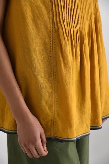 Shop_Payal Pratap_Yellow Handloom Linen Solid Pleated Round Arbrito Top _Online_at_Aza_Fashions