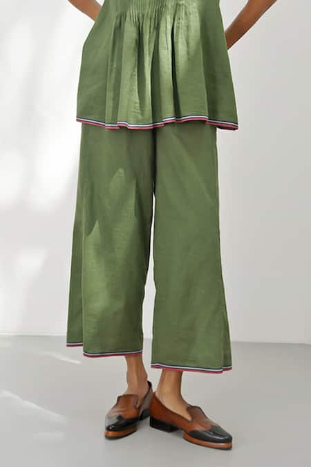 Payal Pratap_Green Handloom Linen Solid Olbia Plain Pant _at_Aza_Fashions