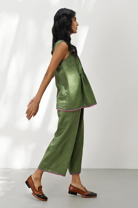 Buy_Payal Pratap_Green Handloom Linen Solid Olbia Plain Pant 