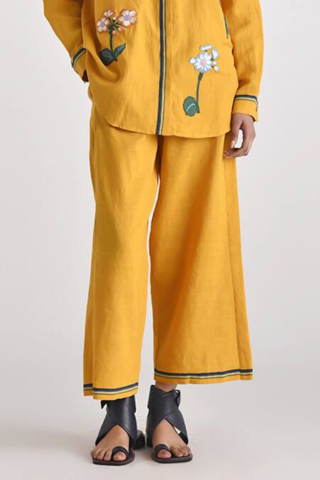 Shop_Payal Pratap_Yellow Handloom Linen Solid Olbia Pant _Online_at_Aza_Fashions