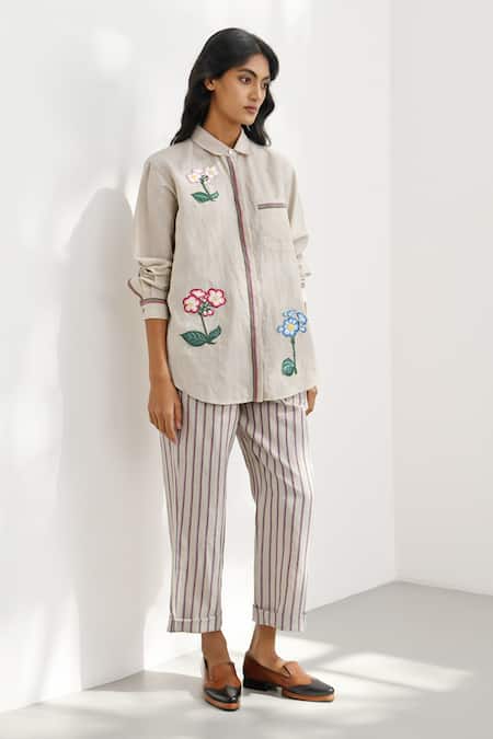 Buy_Payal Pratap_Beige Handloom Linen Print Stripped Prato Pant _Online_at_Aza_Fashions