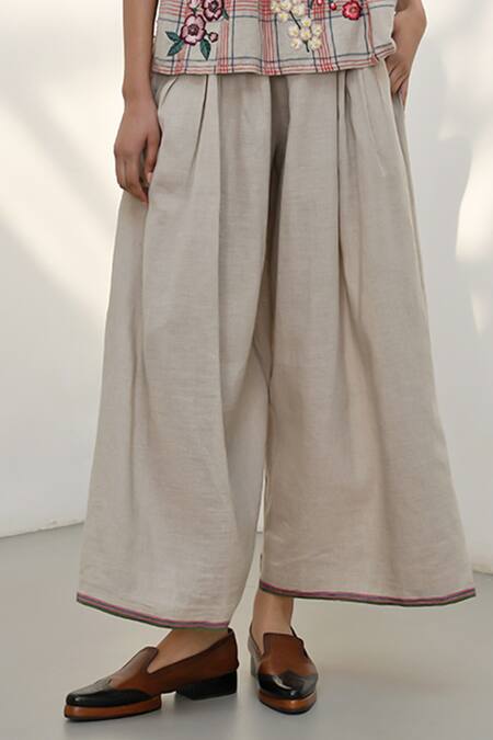 Buy_Payal Pratap_Beige Handloom Linen Solid Licata Flared Pant _Online_at_Aza_Fashions
