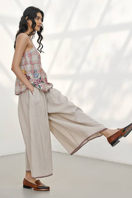 Shop_Payal Pratap_Beige Handloom Linen Solid Licata Flared Pant _Online_at_Aza_Fashions