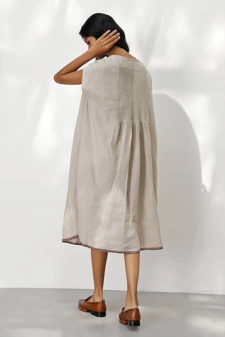 Shop_Payal Pratap_Beige Handloom Linen Solid Pleated Round Savona Pintuck Dress _at_Aza_Fashions