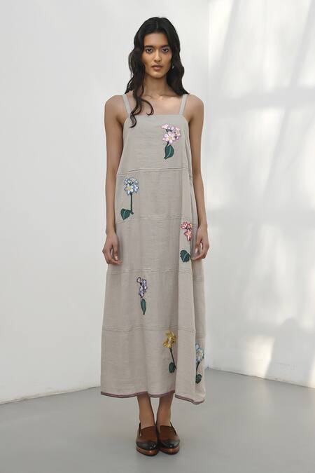 Payal Pratap_Beige Handloom Linen Embroidered Applique Square Merano Strappy Dress _Online_at_Aza_Fashions