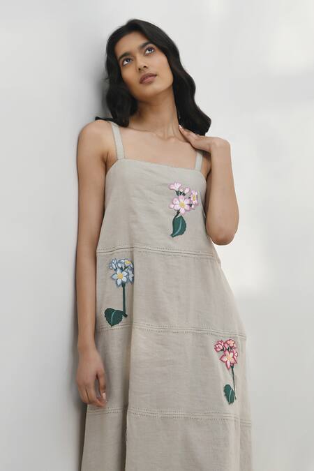 Buy_Payal Pratap_Beige Handloom Linen Embroidered Applique Square Merano Strappy Dress _Online_at_Aza_Fashions