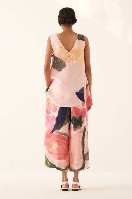 Shop OFRIDA Multi Color Cotton V-neck Bloom Printed Tunic And Pant Set at Aza Fashions Shop_OFRIDA_Multi Color Cotton V-neck Bloom Printed Tunic And Pant Set_at_Aza_Fashions