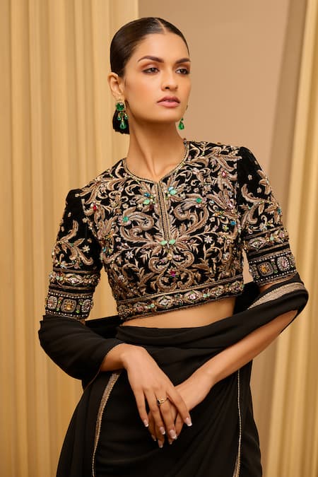 Buy_Tarun Tahiliani_Black Silk, Velvet Embroidery, Crystals Saree With Jewel Blouse _Online_at_Aza_Fashions