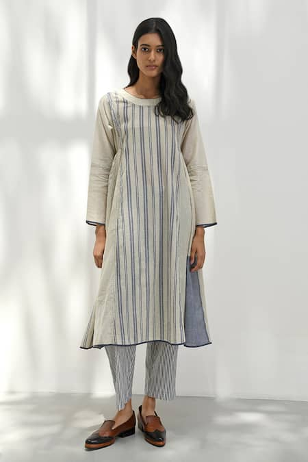 Payal Pratap Beige Handloom Cotton Print Stripe Round Athena Medley Patchwork Tunic 