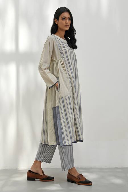 Payal Pratap_Beige Handloom Cotton Print Stripe Round Athena Medley Patchwork Tunic _Online_at_Aza_Fashions