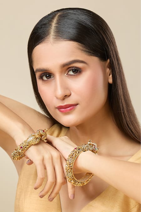 Nazaakat By Samara Singh Gold Plated Stones Carved Peacock Floral Bangles-Set of 2 