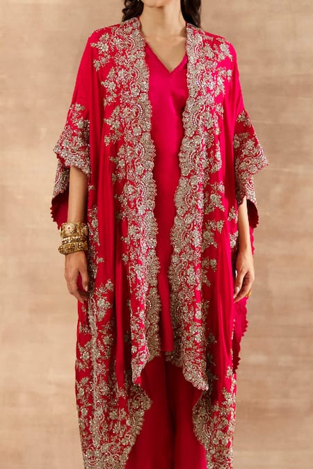 Jayanti Reddy_Red Silk Zardozi V Neck Embroidered Cape And Dhoti Pant Set _Online_at_Aza_Fashions