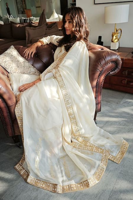 Masaba Ivory Kurta And Pant Raw Silk Embroidered Lace V Whispering Lily Neckline Set 