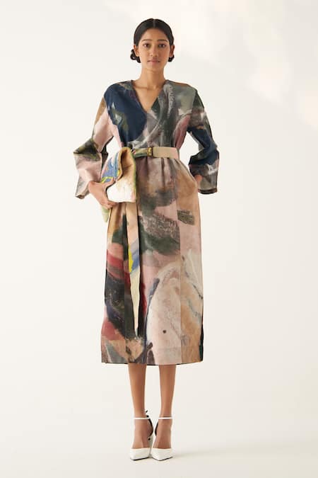 Ofrida Multi Color Cotton V-neck Wallflower Abstract Hand Painted Gathered Dress 