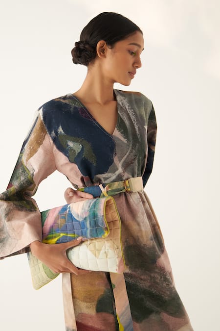 Shop_OFRIDA_Multi Color Cotton V-neck Wallflower Abstract Hand Painted Gathered Dress _Online_at_Aza_Fashions