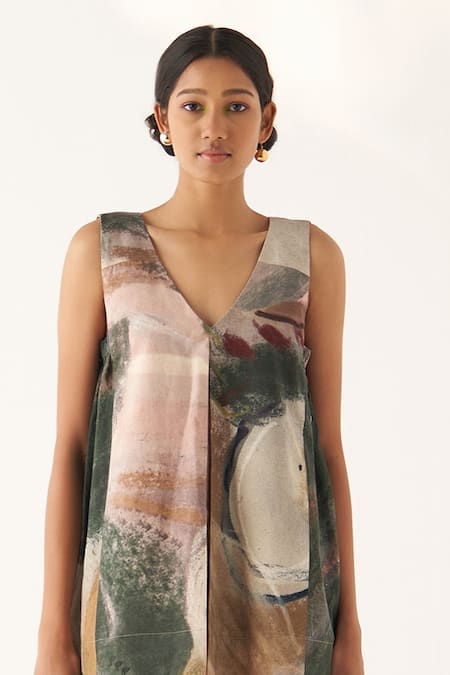 Shop_OFRIDA_Multi Color Cotton Embroidery V-neck Hand Painted Top With Pant _Online_at_Aza_Fashions