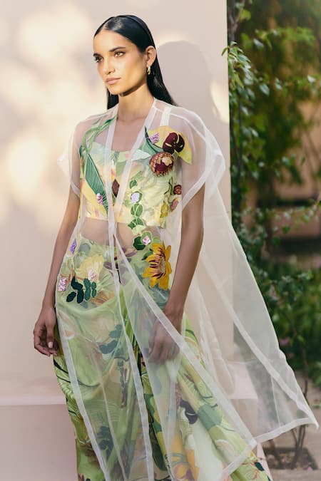 Studio Radical_Green Silk Satin, Organza Applique Bandeau Neck Work Cape Skirt Set _Online_at_Aza_Fashions