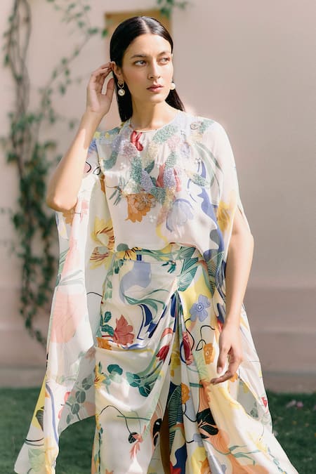 Studio Radical Off White Cotton, Silk Satin Embroidery, Paradise Beaded Cape Printed Skirt Set Online at Aza Fashions Studio Radical_Off White Cotton, Silk Satin Embroidery, Paradise Beaded Cape Printed Skirt Set _Online_at_Aza_Fashions