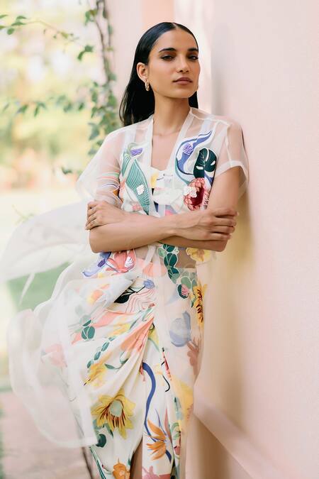 Studio Radical_Off White Silk Satin, Organza Embroidery Open Neck, Applique Cape Skirt Set _Online_at_Aza_Fashions